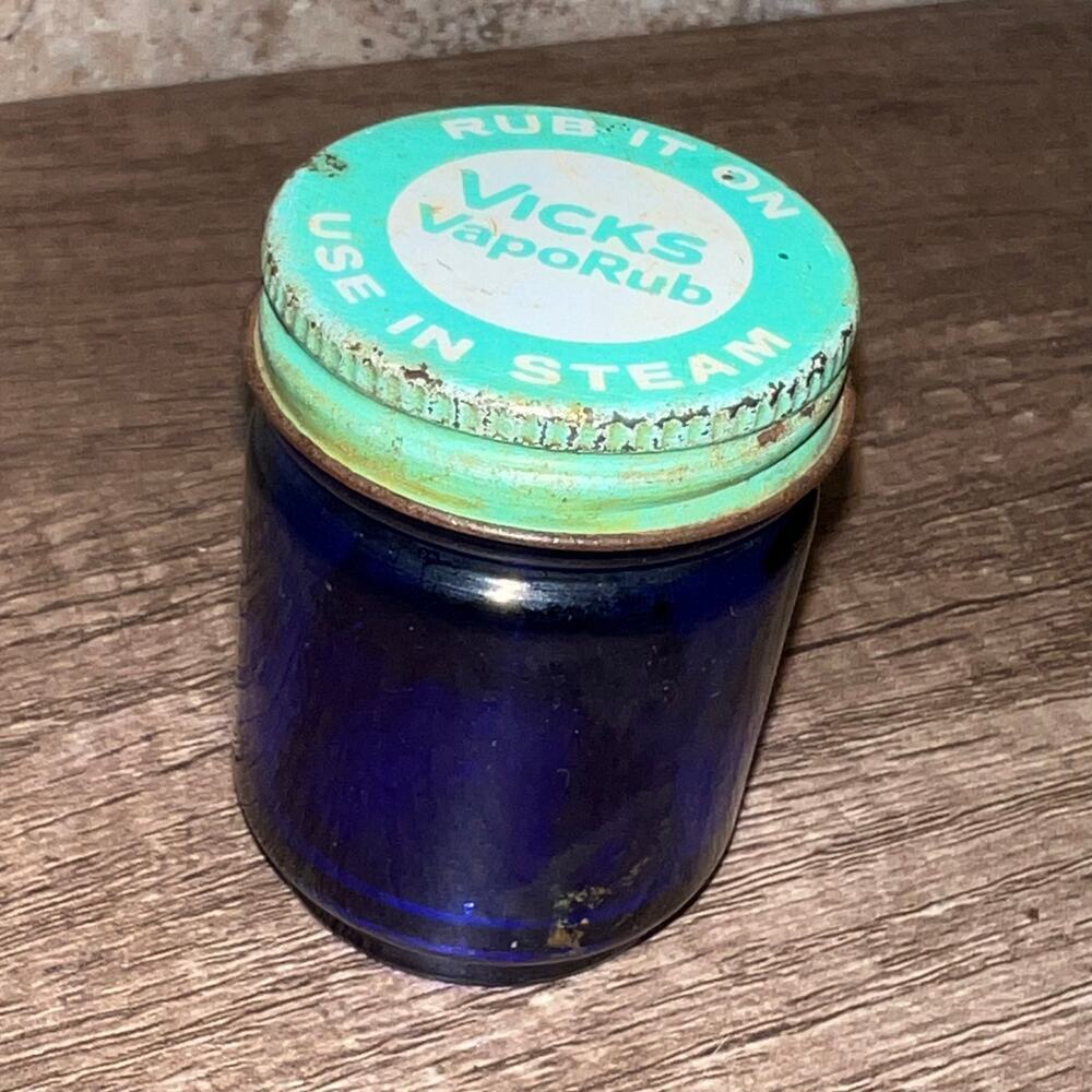 VTG Vicks Vapor Rub Blue Cobalt Glass Jar w/ Twist Metal Cap 2.5"  x 1.5" W #1